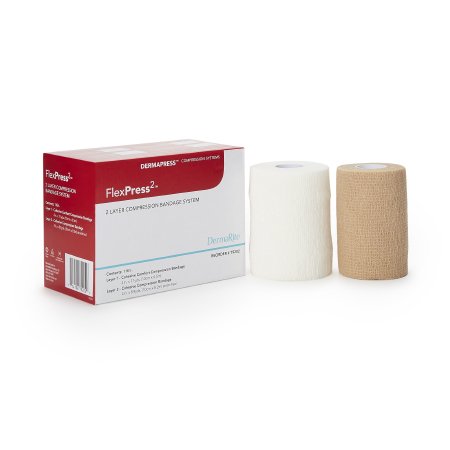 2 Layer Compression Bandage System FlexPress2™ 4 Inch X 7-1/10 Yard / 4 Inch X 8-9/10 Yard Self-Adherent Closure Tan / White NonSterile Standard Compression